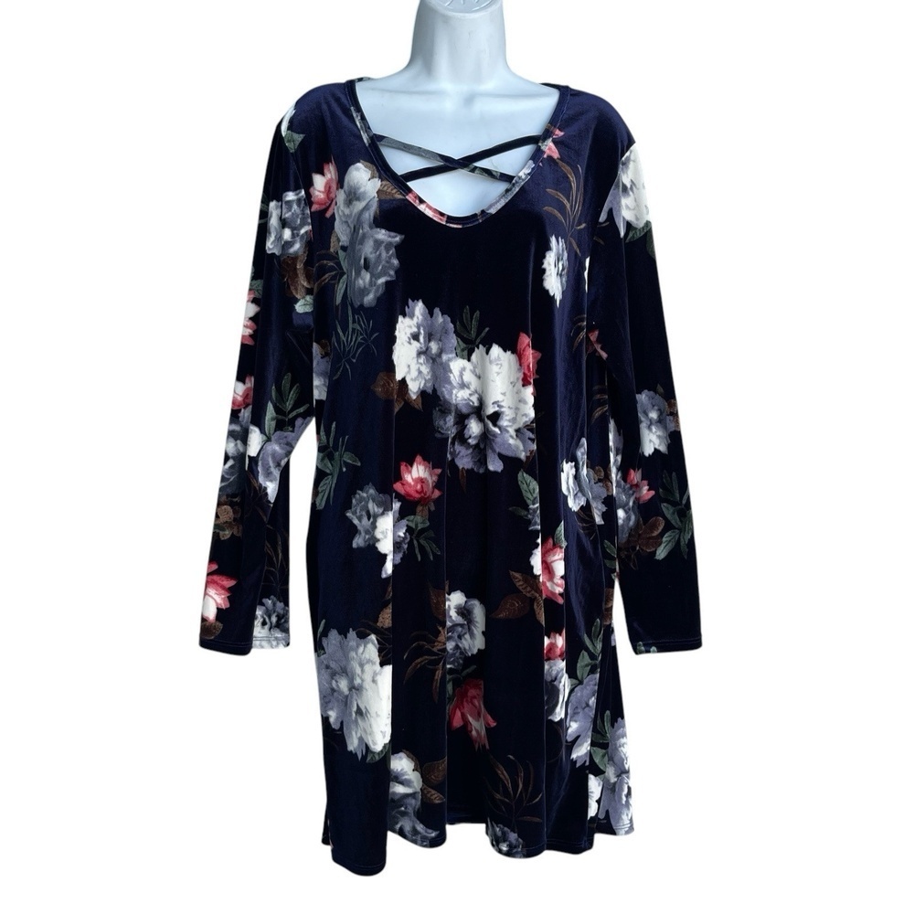 NOW N FOREVER Floral Velvet Dress Criss Cross Scoopneck Long Sleeve Plus 3X Blue